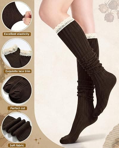 Syhood Cotton Women thigh high socks with Lace Trim over the knee High Socks Boutique Lace Tall Boot Stockings for Women thumbnail 5