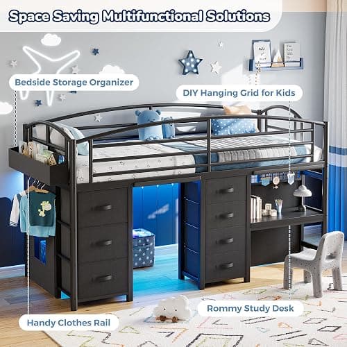 Low Loft Bed Twin Size with 7 Storage Drawers, Desk and LED Lights, Heavy Duty Metal Kids Loft Bed with 13.8" H Safety Guardrail, Anti-Collision Pad, Private Play Curtain, Under-Bed Play Space - Black thumbnail 9