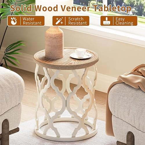 karlott Farmhouse End Table, 18.5'' French Country Round Side Table, Distressed Tray Top Side Table with Curved Motif Frame Base for Boho, End Tables Living Room, Bedroom, Small Space, Cream Beige thumbnail 3