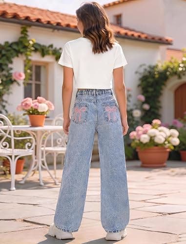 Fulihug Jeans for Girls Baggy Wide Leg Cute Bow High Elastic Waisted Denim Pants Y2K Boyfriend Skater Streetwear 7-14Y thumbnail 8