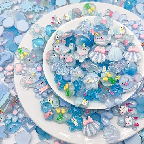 JINDUODUO 60 Pcs Slime Charms Bulk DIY Craft Making Kit, Cute Flat Back Resin Charms for Crafts (Blue) thumbnail 4