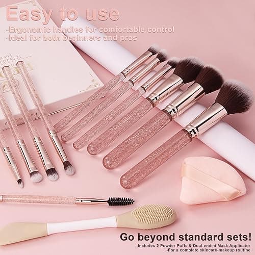 HEDIVIA Pink Makeup Brushes Set 14 Pcs Professional, Synthetic Foundation Concealer Powder Blush Eyeshadow Brushes with 2 Powder Puffs & Dual-ended Mask Applicator, Gifts for Women Teen Girls thumbnail 6