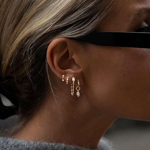 Voduim Gold Earrings for Women, Dainty Earring Stacks 14K Gold Plated Chain Earrings Cute Hypoallergenic Huggie Earrings for Women Trendy Unique Drop Hoop Earrings Stack Fashion Gold Jewelry Set thumbnail 5