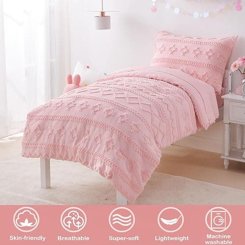 Pink Toddler Bedding Set for Girls 4-Piece Boho Tufted Toddler Comforter Set Jacquard Tufts Bed-in-a-Bag Crib Toddler Bed Sheet Set for Kids with Comforter, Flat Sheet, Fitted Sheet, Pillowcase | Toddler Bedding Set, Toddler Comforter, Toddler Sheets Set, Crib Bedding Set, Toddler Bed Set, Toddler Girl Bed Set thumbnail 2