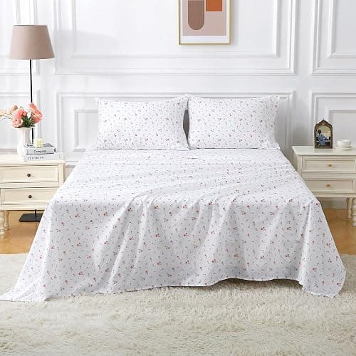 Softan Pink Floral Full Sheet Set Flower Printed Bed Sheets Double - 4 Piece Microfiber Patterned Fitted Bed Sheets with 15" Deep Pocket & Straps, Cozy Cute Pink Sheets and Pillowcase Set thumbnail 9