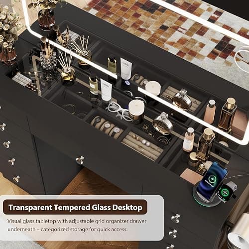 Otterease Vanity Desk with Mirror and Lights, 11 Drawers Makeup Vanity Desk with Tempered Glass top, 3 Lighting Modes Adjustable Brightness, Black Vanity with Magnetic 5X Magnifier for Bedroom thumbnail 5