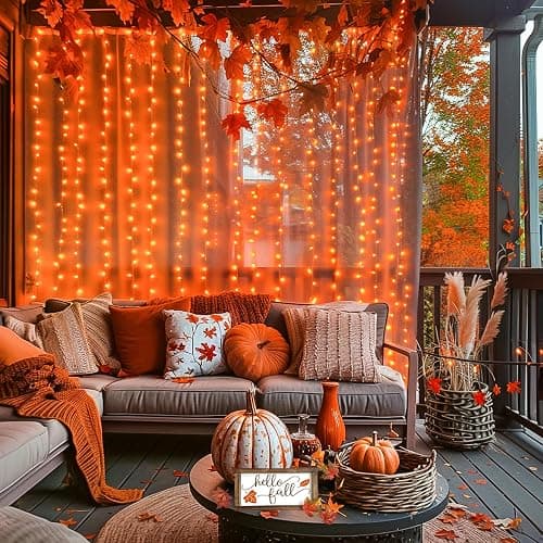 JMEXSUSS 300LED Orange Halloween Lights with Remote, 9.8x9.8ft Halloween Curtain Light, 8 Modes Orange Hanging String Lights Plug in for Fall Bedroom Thanksgiving Window Party Indoor Outdoor Decor thumbnail 2