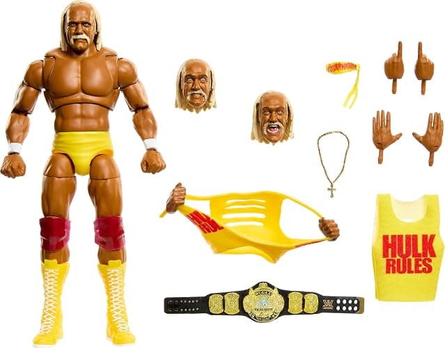 Mattel WWE Ultimate Edition Action Figure & Accessories Set, Hulk Hogan 6-inch Collectible with Swappable Heads & Hands, 30 Articulation Points thumbnail 2
