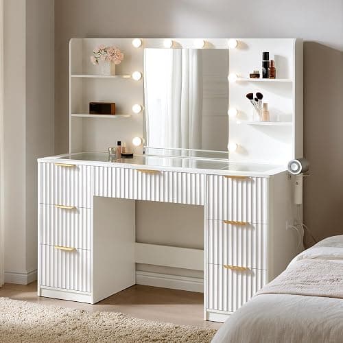 LUXOAK Schminktisch mit Spiegel & 10 LED-Lampen, Großer Frisiertisch mit Glasplatte & Steckdose, 7 Schubladen & Föhnhalterung, Moderner Kosmetiktisch für Schlafzimmer (Weiß, 120 x 39.8 x 136.4 cm) - Image 1