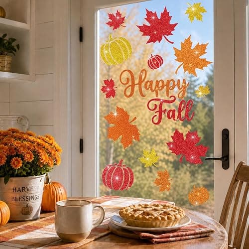 Glitter Fall Window Clings Autumn Thanksgiving Window Stickers Decals Decor | 6 Sheets Window Decals with Sparkling Powder, Happy Fall Decorations for Home Office School Classroom Kids Room Indoor Party thumbnail 3