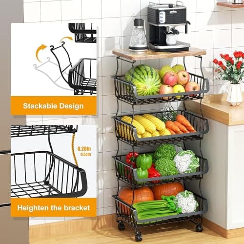 Gsiekare 5 Tier Fruit and Vegetable Basket for Kitchen with Wheels | Stackable Fruit Vegetable Storage Baskets with Wood Top, Metal Wire Storage Cart for Kitchen, Pantry thumbnail 3
