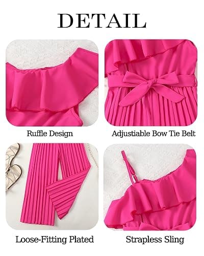 YOURUIKEY Girls' Jumpsuit Kids Ruffle Trim Halter Waist Belt Wide Leg Pleated Long Romper Tween Gilrs Summer Outfit Size 8-12 thumbnail 5