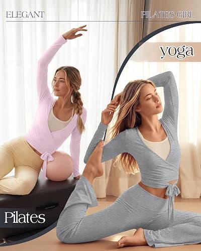 Oakgarden 3 Pack Women's Tie Wrap Tops, Long Sleeve Workout Ballet Yoga Pilates Shirts Deep V Neck Tie Front Y2k Blouses thumbnail 4