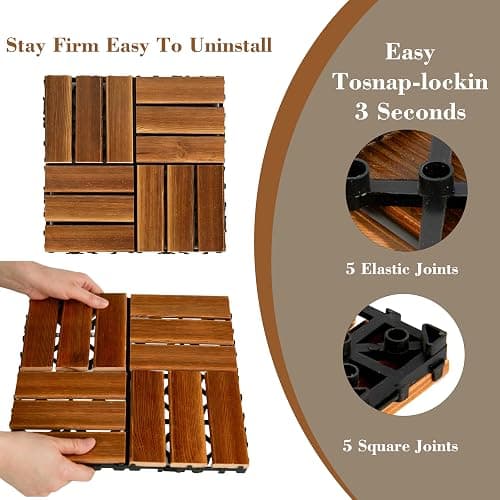 30 Pcs Interlocking Deck Tiles Solid Wood, Patio Floor Decking Tiles, Wooden Patio Flooring Outdoor Waterproof, Acacia Wood Decking All Weather for Balcony, Backyard, Porch, Poolside Use, Brown thumbnail 5