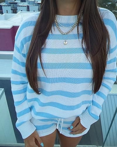 NUFIWI Women Striped Knit Sweater Set 2 Piece Outfit Oversized Long Sleeve Sweater and Shorts Matching Lounge Sets thumbnail 5