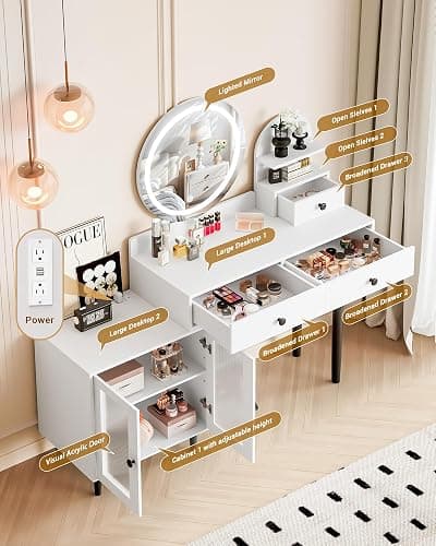 LIVELYGLOW Vanity Desk with Round LED Mirror, Modern Makeup Vanity with Power Outlet, LED Touch Screen 3 Lighting Modes, Adjustable Brightness, Acrylic Cabinet & 3 Drawers- White thumbnail 3