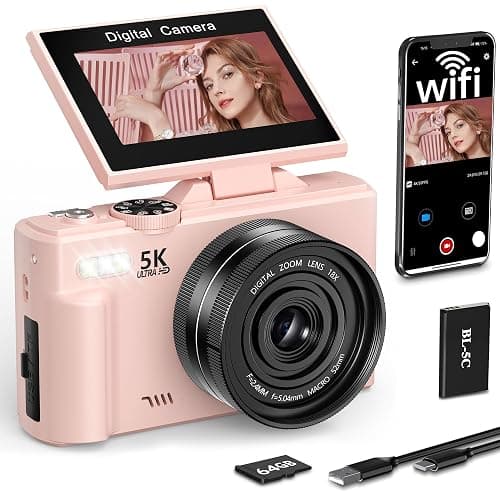 FLATIC Digital Camera, 5K 75MP Cameras for Photography with WiFi & 64GB TF Card, Autofoucs Vlogging Camera for YouTube with 180° Flip Screen, Compact Vlog Travel Camera Kit for Beginner, Teens (Pink) - Image 1