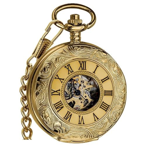 VIGOROSO Vintage Hand Wind Up Pocket Watches for Men, Mechanical Pocket Watch with Chain, Mens Skeleton Pocketwatch - Image 1