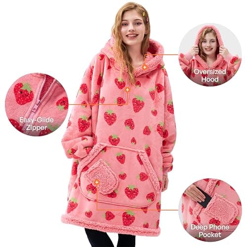 Giggling Getup Wearable Blanket Hoodie for Adults Gifts for Teen Girls Sister Women Sherpa Fleece Printed Hooded Blanket Sweatshirt Warm Cozy with Pocket & Sleeves Strawberry thumbnail 4