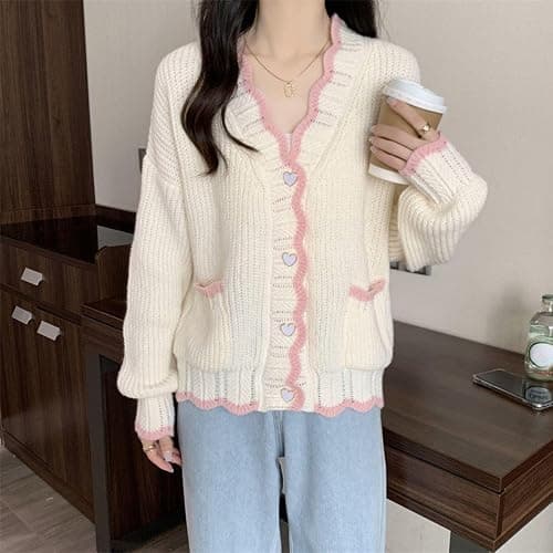 FindThy Women’s Cute Cardigan Sweater Kawaii V-Neck Long Sleeve Heart Button Color-Blocked Knit Outerwear thumbnail 2