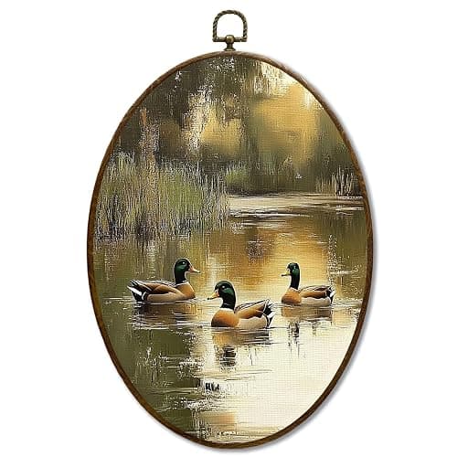 JQF Vintage Mallard Duck Oval Wall Decor, Rustic Farmhouse Oval Canvas Wall Art, Cottagecore Country Duck in Pond Framed Prints Hanging Decor for Home Bedroom Living Room, 8.5x11.5 Inch - Image 1