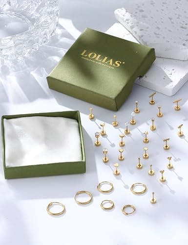 LOLIAS Small Hypoallergenic Flat Back Stud Earrings for Women Men 14K Gold Plated Surgical Stainless Steel Earring Sets Tiny Screw Back Cartilage Earrings for Sensitive Ears thumbnail 7