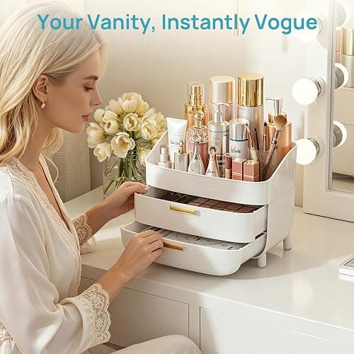 Vtopmart 3-Tier Skincare Makeup Organizer with Drawers for Vanity and Bathroom Countertop, Large Cosmetic Storage Box Case for Dresser, with Non-Slip Base thumbnail 6