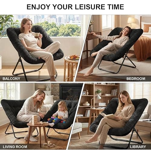 Saucer Chair, Folding Chairs for Living Room, Comfy Adults Chair with Soft Faux Fur for Bedroom, Reading and Dorm Room, X-Large (Black) thumbnail 4