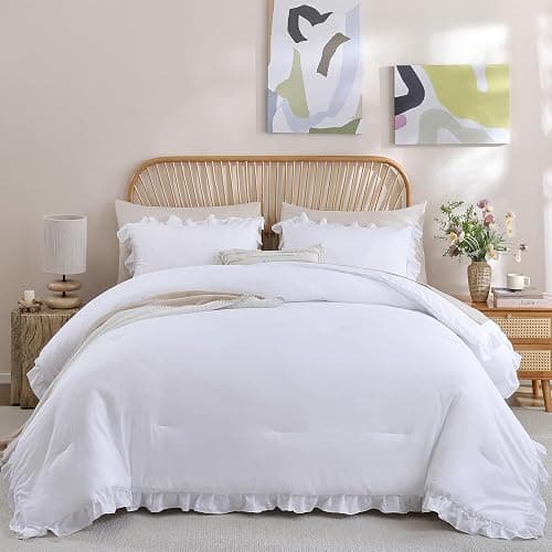 JANZAA Twin Comforter Set White Comforter Ruffled Comforter Set Soft Twin Size Bed Set Vintage Farmhouse Bed Comforter Set Fluffy Shabby Chic Bedding with 1 Pillowcase thumbnail 5