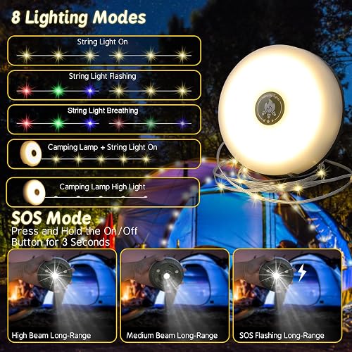 Camping String Lights, Outdoor String Lights with 8 Lighting Modes, Rechargeable String Light Camping 2 in 1, Waterproof Portable Stowable USB Camping Lights for Camping, Yard, Party Decor 32.8 ft thumbnail 2