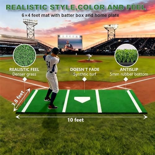 Baseball Hitting Mat, Softball Pitching Mat/Batting Cage Mats with Non-Slip Rubber Backing, Batting Cage Mat with Home Plate, Batters Box Turf Mat Baseball for Indoor and Outdoor thumbnail 3