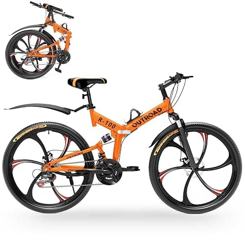 Outroad 26 Inch Folding Mountain Bike, 21 Speed Full Suspension High-Carbon Steel MTB Foldable Bicycle, Dual Disc Brake Non-Slip Folding Bikes for Adults/Men/Women, Black, Orange and Green - Image 1