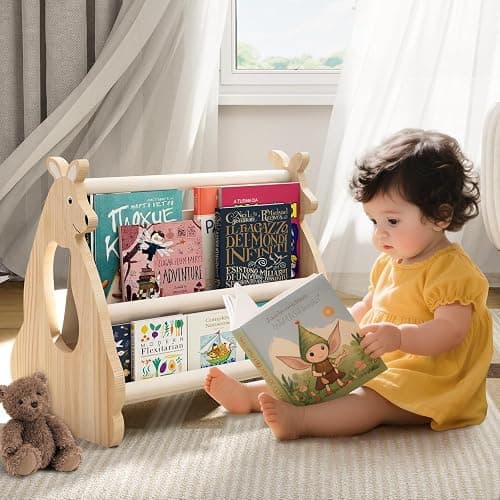 Lullulii Double Sided Kids Bookshelf – 2 Tier Portable Toddler Bookshelf, Book Shelf for Kids Rooms & Playroom, Cute Kangaroo Design Wooden Montessori Baby Bookshelf,Toddler Book Display Shelves - Image 1