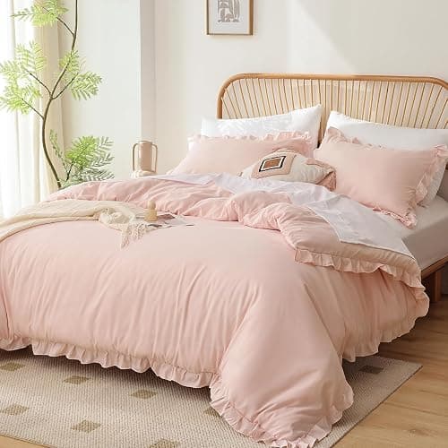 YIKUSH Queen Comforter Set Pink 3PCS (1 Ruffled Blush Comforter and 2 Pillowcases) Vintage Shabby Chic Bedding Soft Fluffy Comforter Set All Season - Image 1