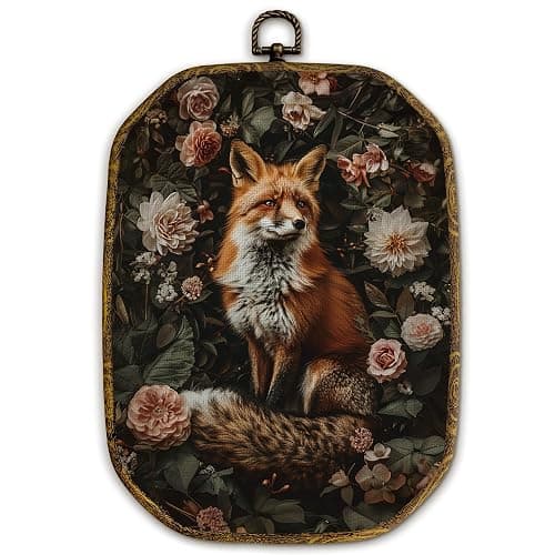 Yjeslw Vintage Floral Fox Octagon Wall Art Decor, Dark Academia Fox Framed Canvas Prints, Cottagecore Floral Wild Animal Wall Hanging Decorations for Home Bedroom Living Room Decor, 10.2x7 Inches - Image 1