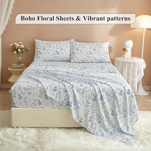 3 Piece Bed Sheets Set Twin Sheets White - Extra Soft Blue Floral Deep Pocket 16" - Luxury Soft Sheet & Pillowcase Set - Wrinkle & Shrink Resistant Cooling Sheet for Twin Size Bed thumbnail 3