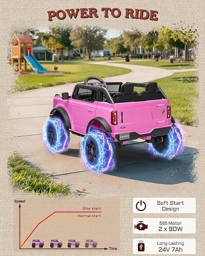 First Ride On 24V Ride on Toys for Big Kids, Licensed Ford Bronco Base 2 Seater Ride on Car with Remote Control, Girl Ride on Truck w/Seat Belts, 3 Speeds, Spring Suspension and Bluetooth (Pink) thumbnail 7