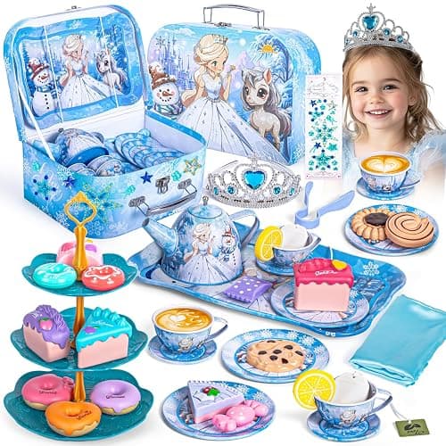 Hohosunlar Frozen Tea Party Set for Little Girls, Princess Gift Toy, Kids Pretend Play Tin Tea Set with Teapot, Tea Cups, Food Playset & Carrying Case, Birthday for Girls Age 3+ - Image 1