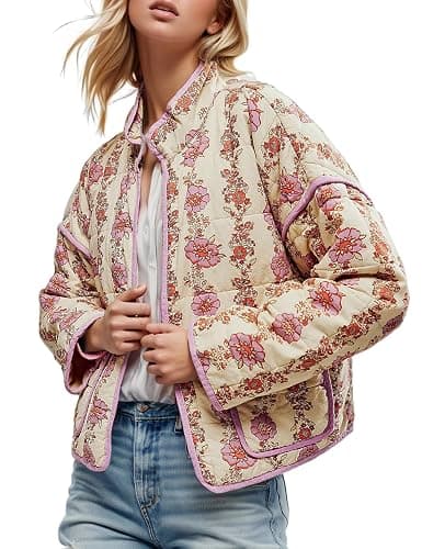Yimoon Women's Cropped Puffer Quilted Jacket Vintage Floral Print Open Front Lightweight Short Jacket Outwear - Image 1