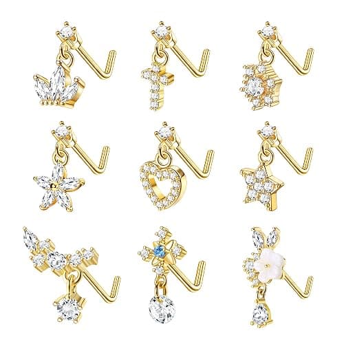ORAZIO 9 PCS Dangle Nose Rings - L Shaped for Women, 20G Stainless Steel Nose Rings Studs with CZ Cross, Crown, Flower, Heart Dangling Piercing Jewelry - L-Gold Tone - Image 1