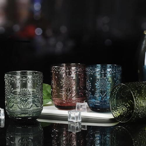 Joeyan Trinkgläser Set Bunte, 4 teiliges 360 ml Hochwertige Gläser Set für 4 Personen, Farbig Wassergläser Spülmaschinenfest, Saftgläser, Modernes Blume Embossed Design für Picknicks, Camping, Partys thumbnail 4