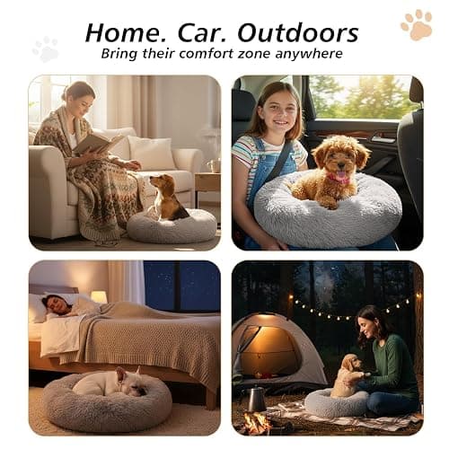JOLLYVOGUE Small Dog & Cat Beds for Indoor Cats, Donut Cuddler Warming Soft Dog Beds with Anti-Slip Bottom, Round Calming Fluffy Plush Faux Fur Cushion Bed for Small Medium Dogs (20", Smoke Grey) thumbnail 6