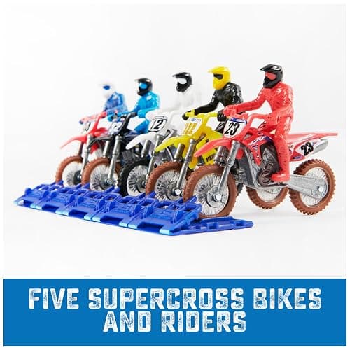 Supercross, Authentic 5-Pack of 1:24 Scale Die-Cast Motorcycles with Rider Figure, Toy Moto Bike for Kids and Collectors Ages 3 and up thumbnail 3