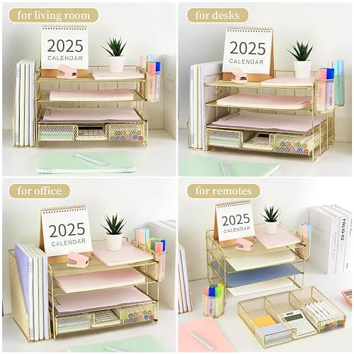 Gianotter Paper Letter Tray Organizer with File Holder, 4-Tier Desk Accessories & Workspace Organizer with Drawer and 2 Pen Holders - Gold thumbnail 6