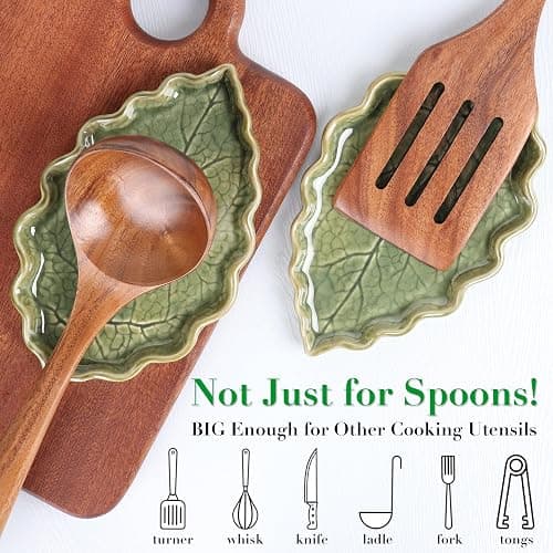 Ceramic Spoon Rest for Stove Top - Cute Green Leaf Shaped Spoon Rest/Spoon Holder for Kitchen Countertop - Cooking Kitchen Spoon Rest Utensil Rest Spatula Rest (Green) thumbnail 4