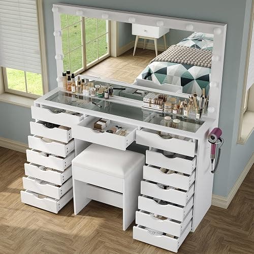 Yanosaku Vanity Desk with Mirror and Lights, Makeup Table with Charging Station, 3 Color Lighting Modes, 15 Drawers Dressing Table, Vanity with Chair for Bedroom, White thumbnail 4