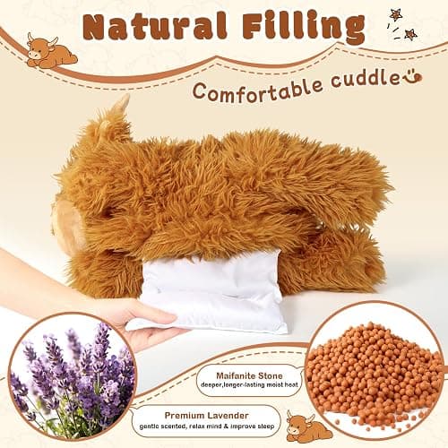 Highland Cow Stuffed Animals with Removable Microwave Heating Pad for Period Cramps Pain, Stress Relief, Weighted Stuffed Animals Lavender Scented Cow Plush for Sooth & Relax, Highland Cow Gifts thumbnail 3
