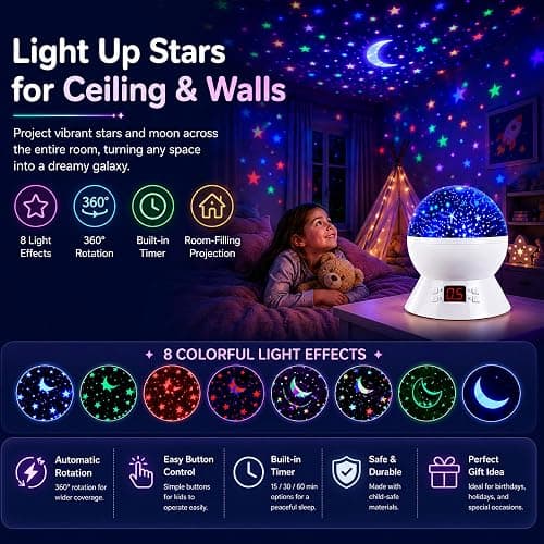 MOKOQI Star Projector Night Light for Kids, Rotating Stars Night Light Projector for Kids Bedroom, Star Projector with Timer, Light Up Stars for Ceiling, Star Machine Gift for Boys Girls Toddlers thumbnail 3