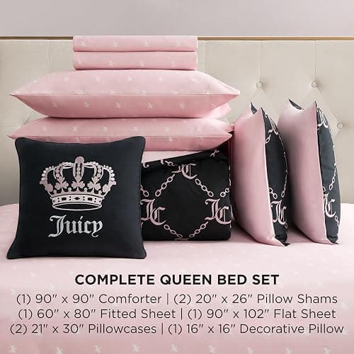 Juicy Couture Black Link Logo Printed Comforter Set, Queen – Complete 8-Piece Bed in a Bag Collection thumbnail 2
