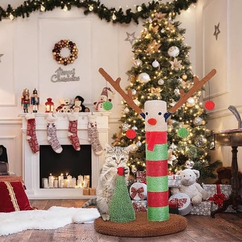 BOLUO Christmas Cat Scratching Post Deer Cat Trees for Adult Cats Scratcher Cute Toy Kitten Kitty Sisal Scratch with Teaser Ball Indoor 25 inch thumbnail 7